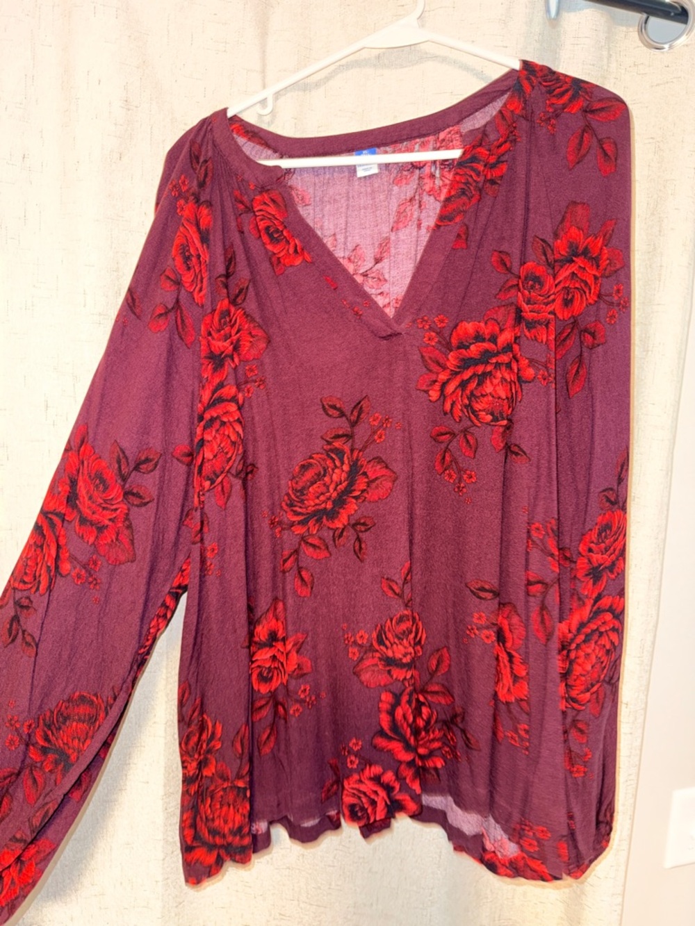 Old Navy Burgundy Long Sleeve V-Neck Top with Red Floral Print